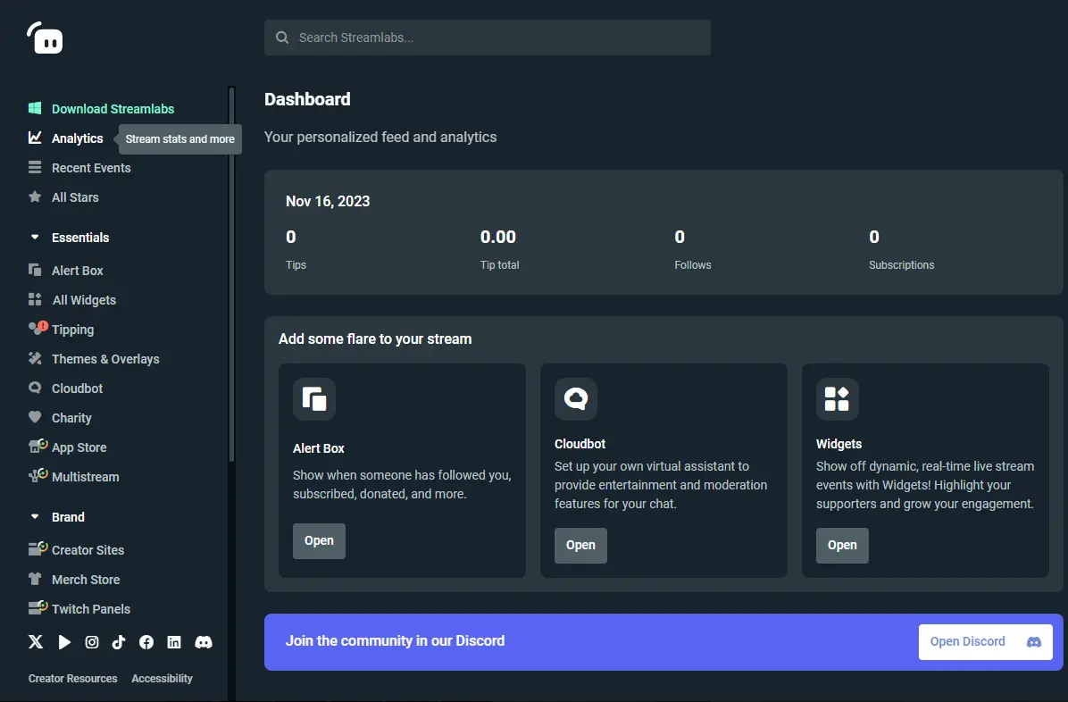 Streamlabs Web Dashboard - Highlights the main dashboard in Streamlabs, providing a central hub for streaming settings and tools.