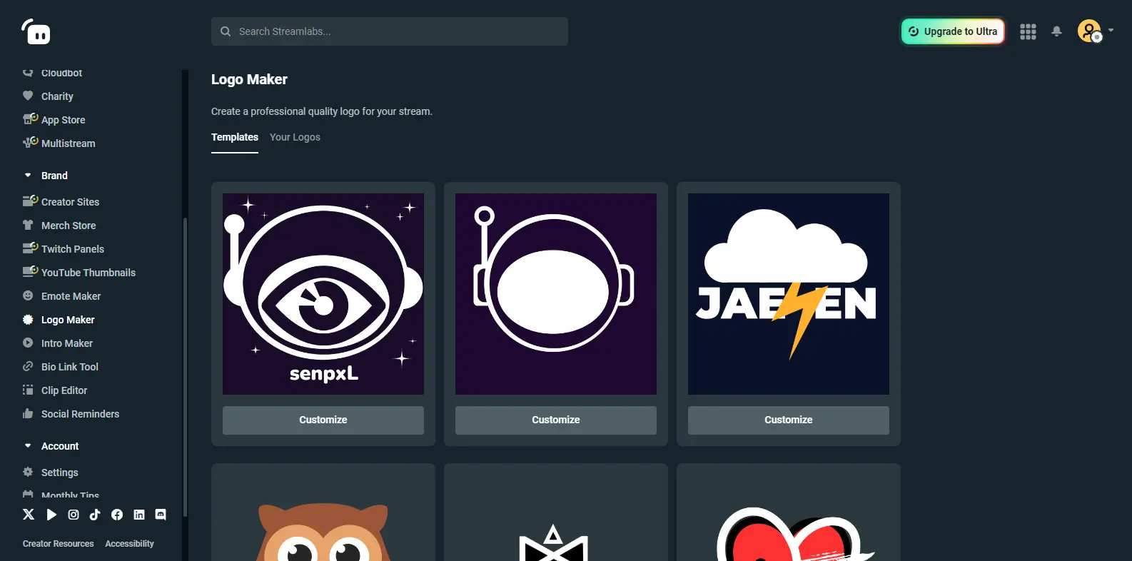 Streamlabs Web Logo Maker - Shows the logo maker tool in Streamlabs, enabling users to design custom logos for their brand or channel.