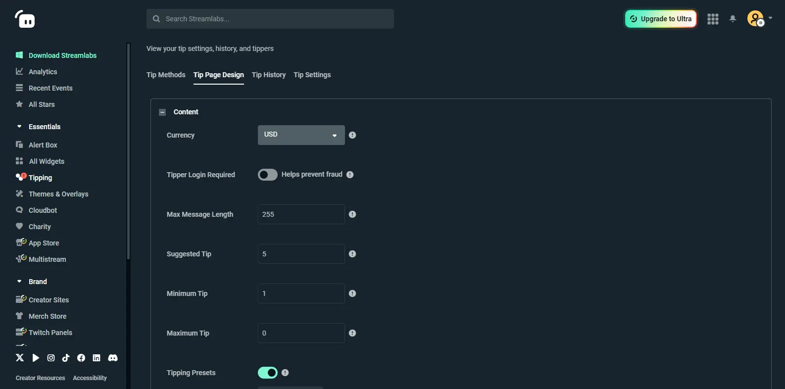 Streamlabs Web Tipping - Displays the tipping setup in Streamlabs, allowing viewers to send financial support directly to streamers.