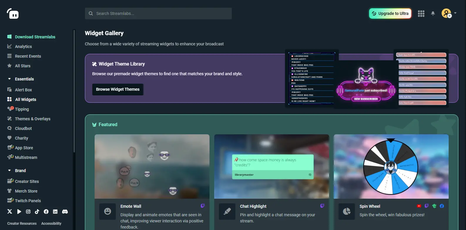 Streamlabs Web Widget Gallery - Shows the widget gallery in Streamlabs, providing a range of interactive tools for stream customization.