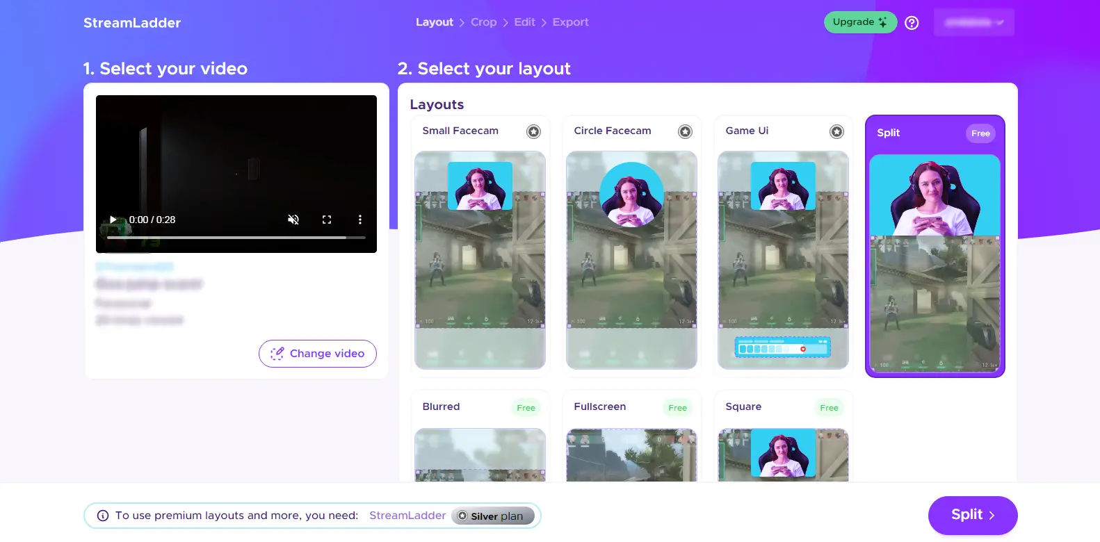 Streamladder Layouts - Shows the layouts section in Streamladder, offering pre-designed templates for social media posts.