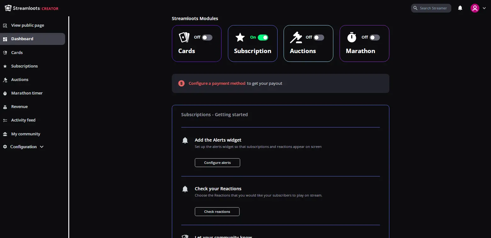 Streamloots Dashboard - Shows the main dashboard in Streamloots, providing a central hub for managing card collections and interactions.