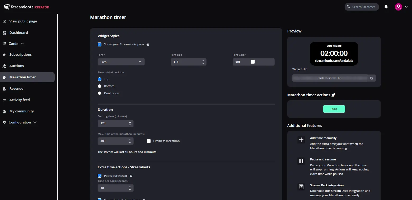 Streamloots Marathon Timer - Features the marathon timer in Streamloots, enabling streamers to set time-based challenges or events.