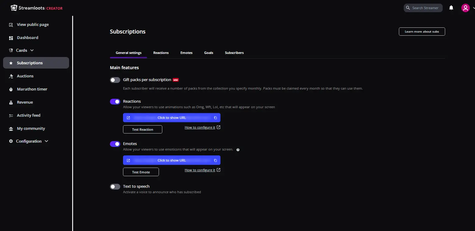 Streamloots Subscriptions - Highlights the subscriptions management section in Streamloots, allowing users to offer paid membership tiers.