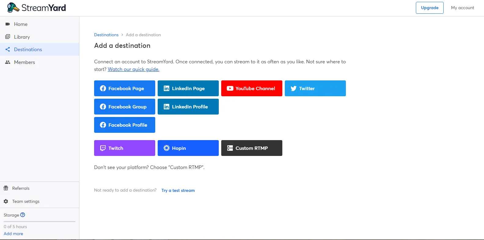 Streamyard Destinations - Shows the destinations setup in Streamyard, allowing users to select where their live stream will be broadcast.