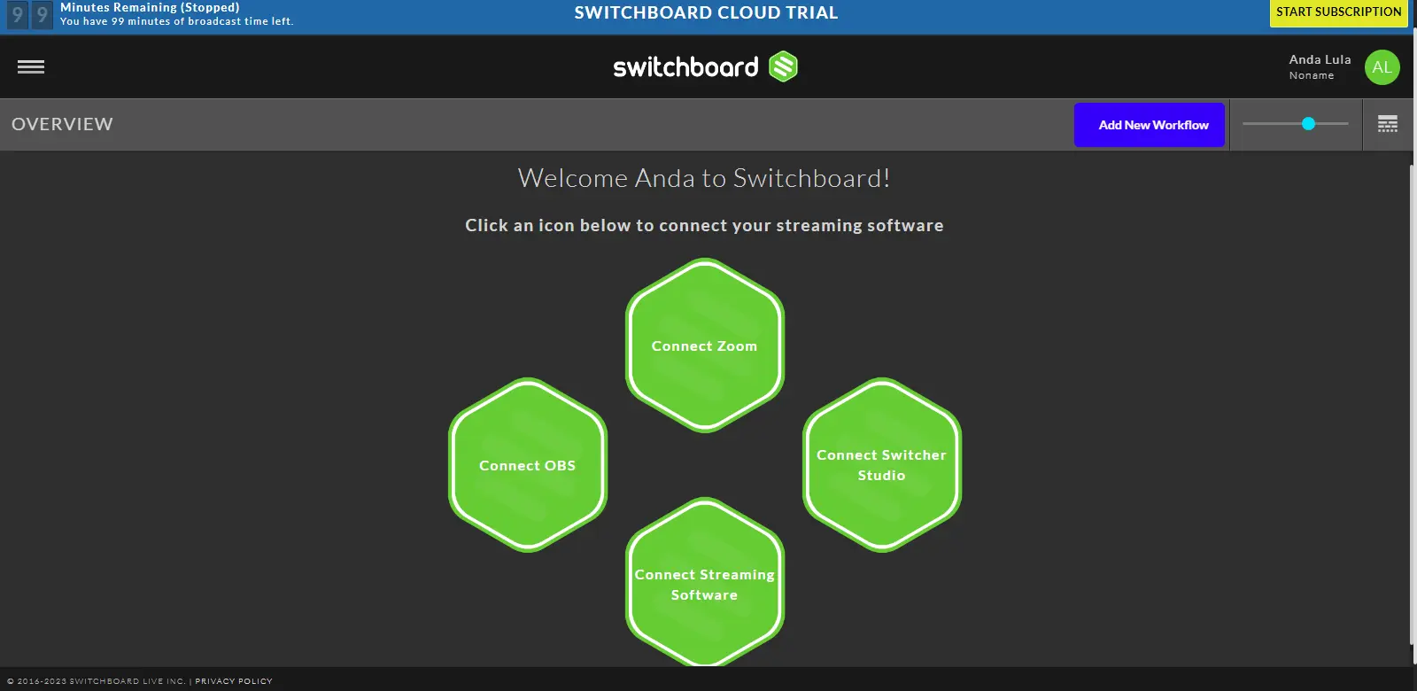 Switchboard - Displays the main dashboard of Switchboard, a platform for managing and routing live streams across multiple destinations.