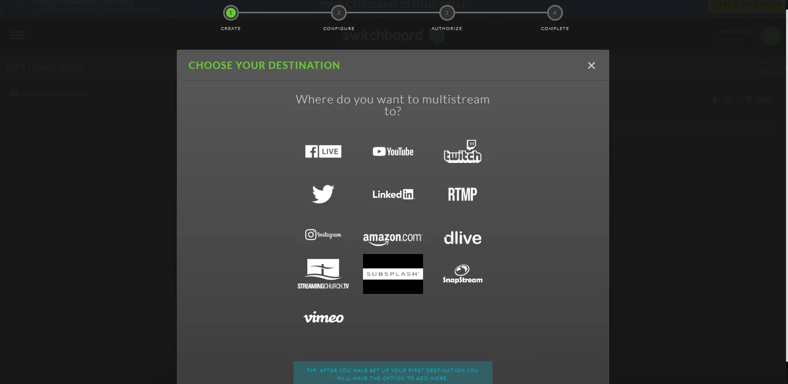 Switchboard Destination - Shows the destination management interface in Switchboard, allowing users to configure their streaming outputs.