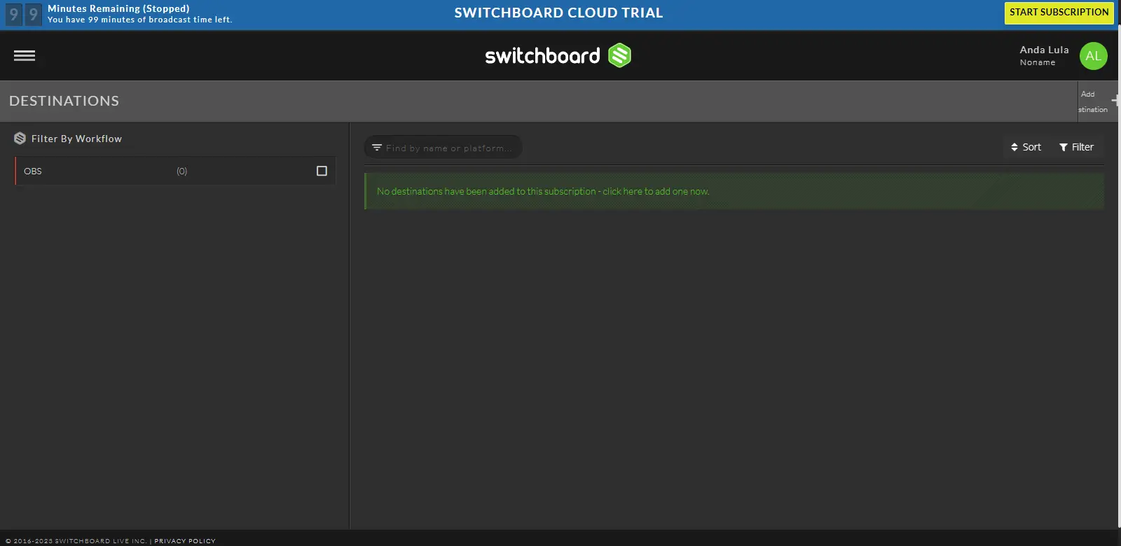 Switchboard Destinations - Features the multiple destinations setup in Switchboard, enabling users to broadcast to several platforms simultaneously.