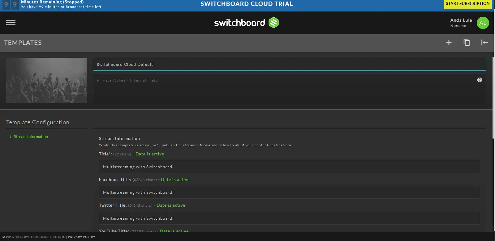 Switchboard Templates - Highlights the templates section in Switchboard, offering pre-configured settings for stream routing.