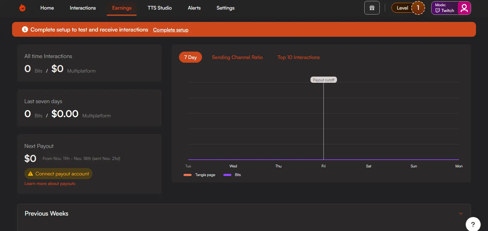 Tangia Earnings - Highlights the earnings interface in Tangia, offering insights into financial outcomes from interactive sessions.