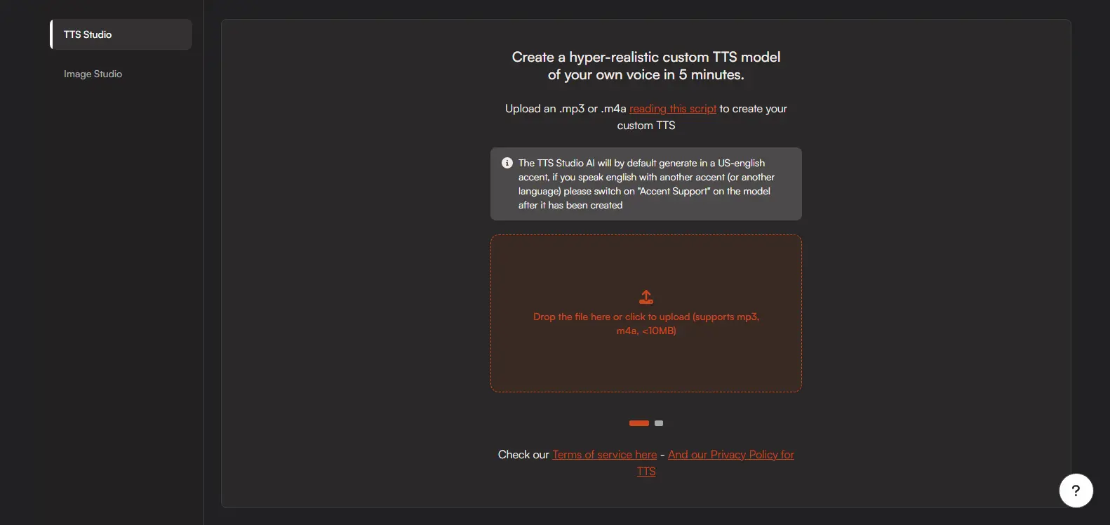 Tangia Tts Studio - Displays the TTS (Text-to-Speech) studio in Tangia, enabling voice synthesis for live interactions.