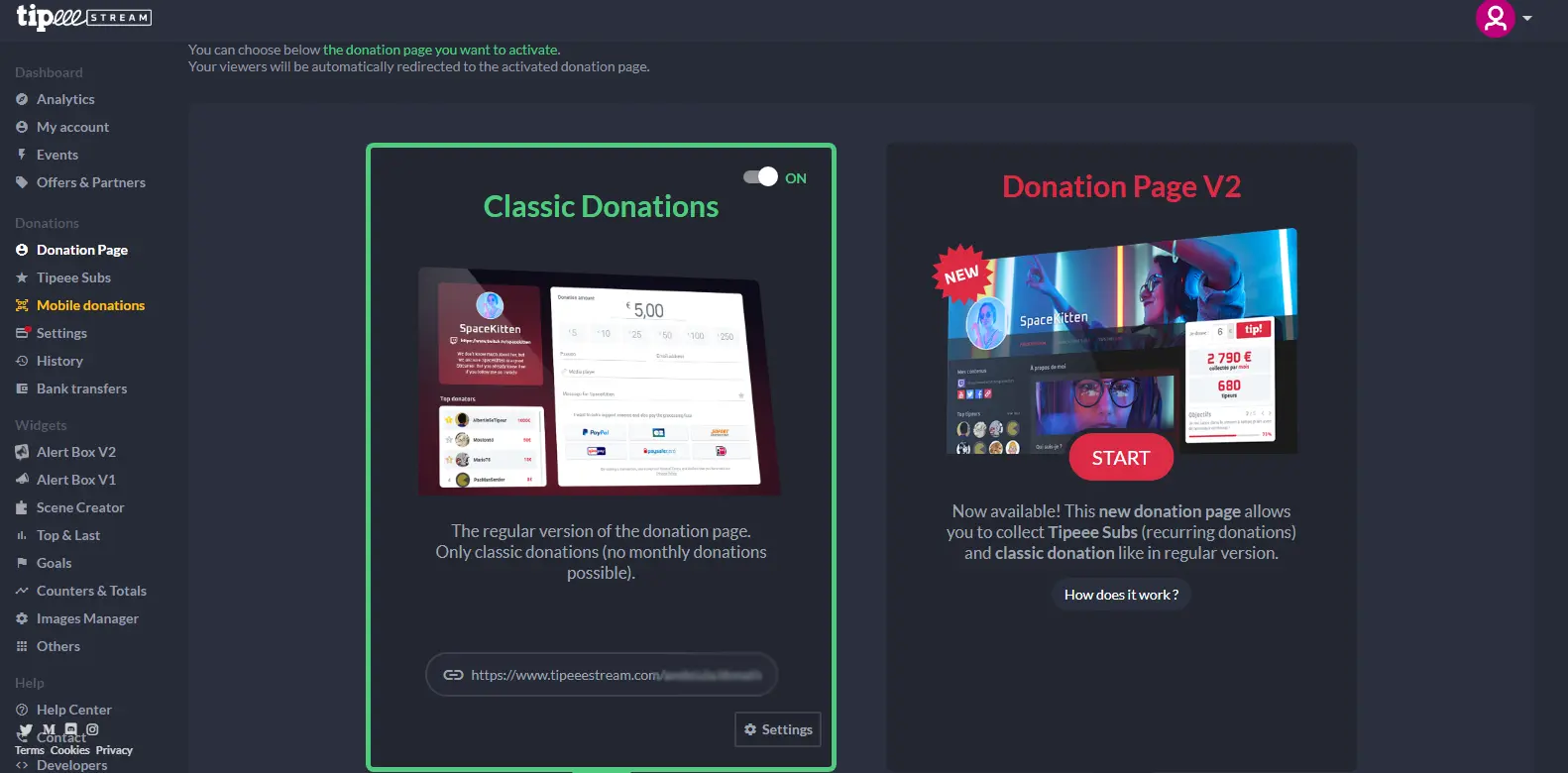 Tipeeestream Donation Page - Displays the donation page setup in Tipeeestream, enabling viewers to financially support the streamer.