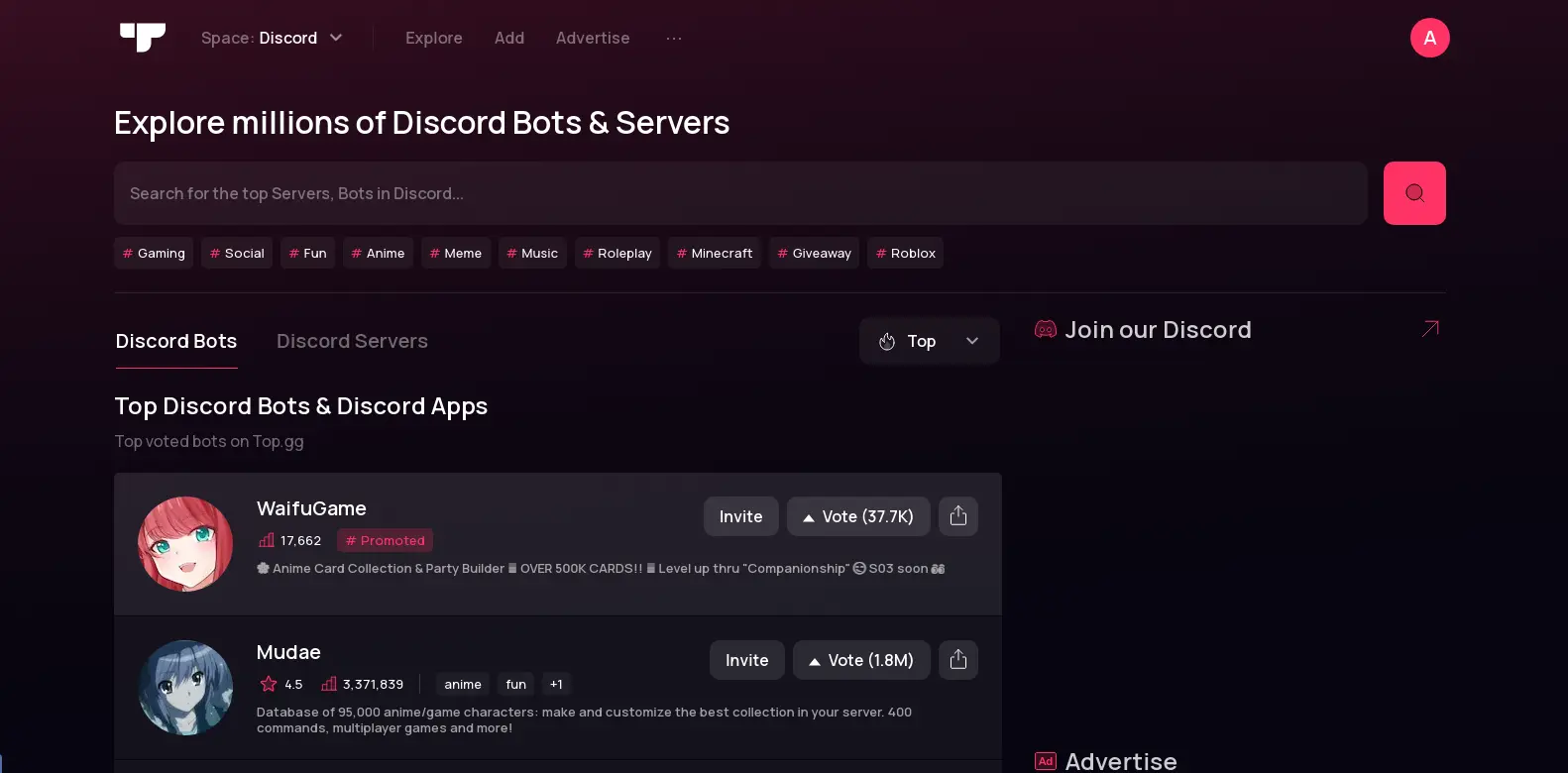 Top Gg - Shows the main interface of Top.gg, a platform for discovering and ranking gaming bots and servers.