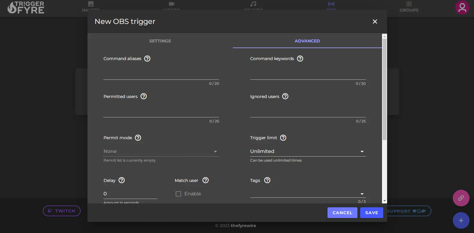 Triggerfyre Advanced Obs Trigger Settings - Features advanced OBS (Open Broadcaster Software) trigger settings in Triggerfyre, allowing for customized broadcast responses.