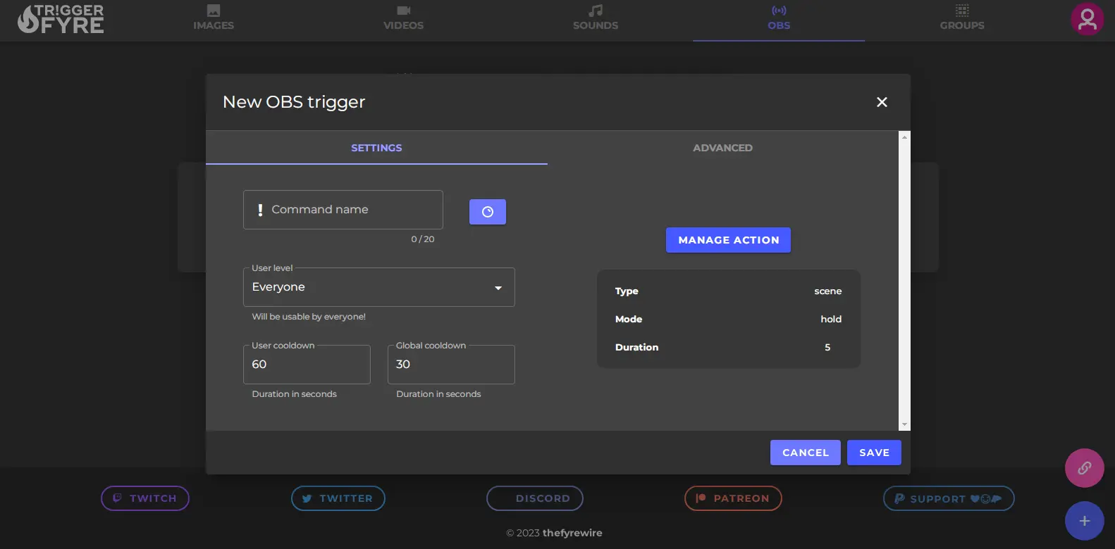 Triggerfyre Obs Trigger - Highlights the OBS trigger tool in Triggerfyre, integrating live streaming software with automated visual effects.