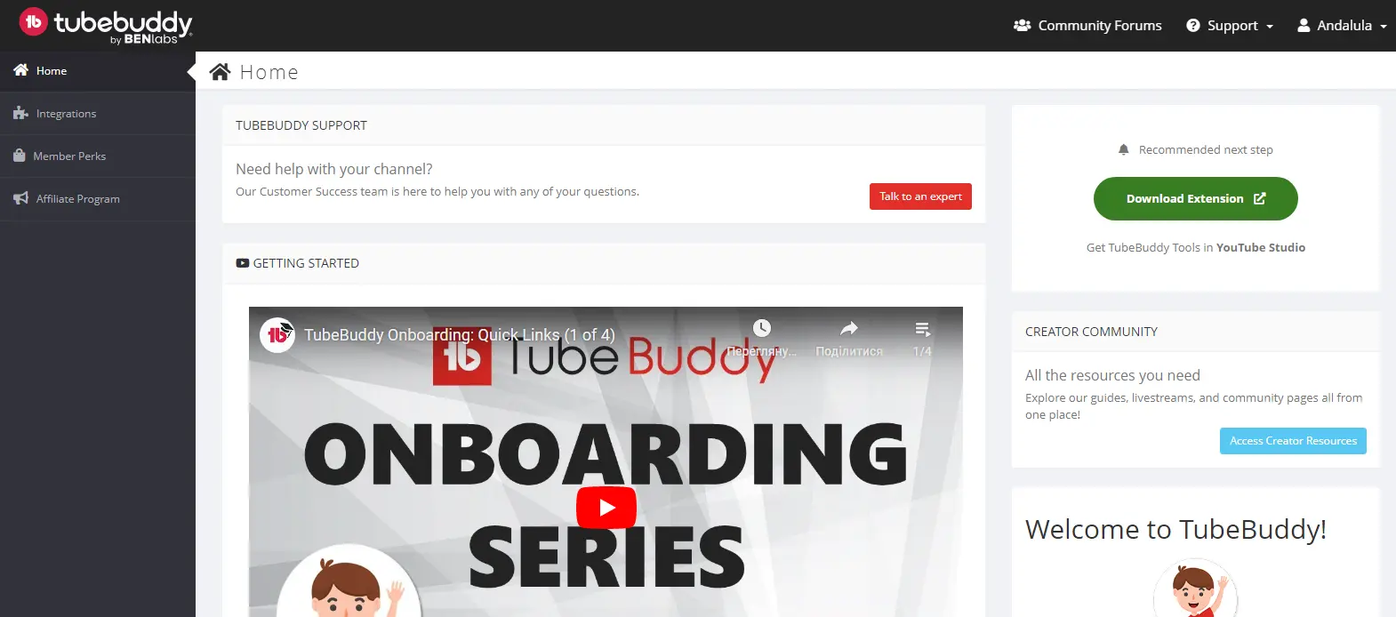 Tubebuddy - Displays the main interface of TubeBuddy, a platform for YouTube channel management and optimization.