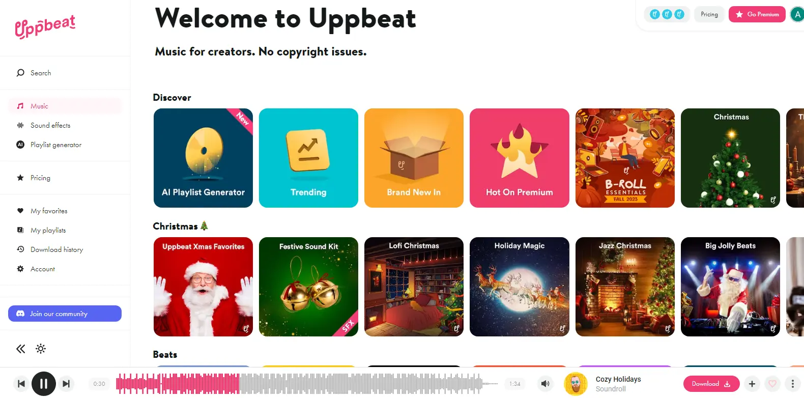 Uppbeat Music - Displays the music library in Uppbeat, providing a range of tracks for content creators and videographers.