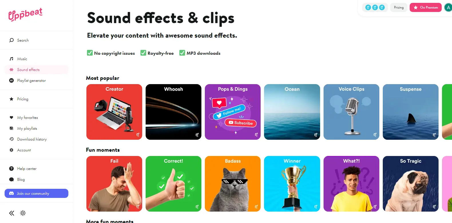 Uppbeat Sfx - Highlights the sound effects library in Uppbeat, offering audio clips for enhancing videos and productions.